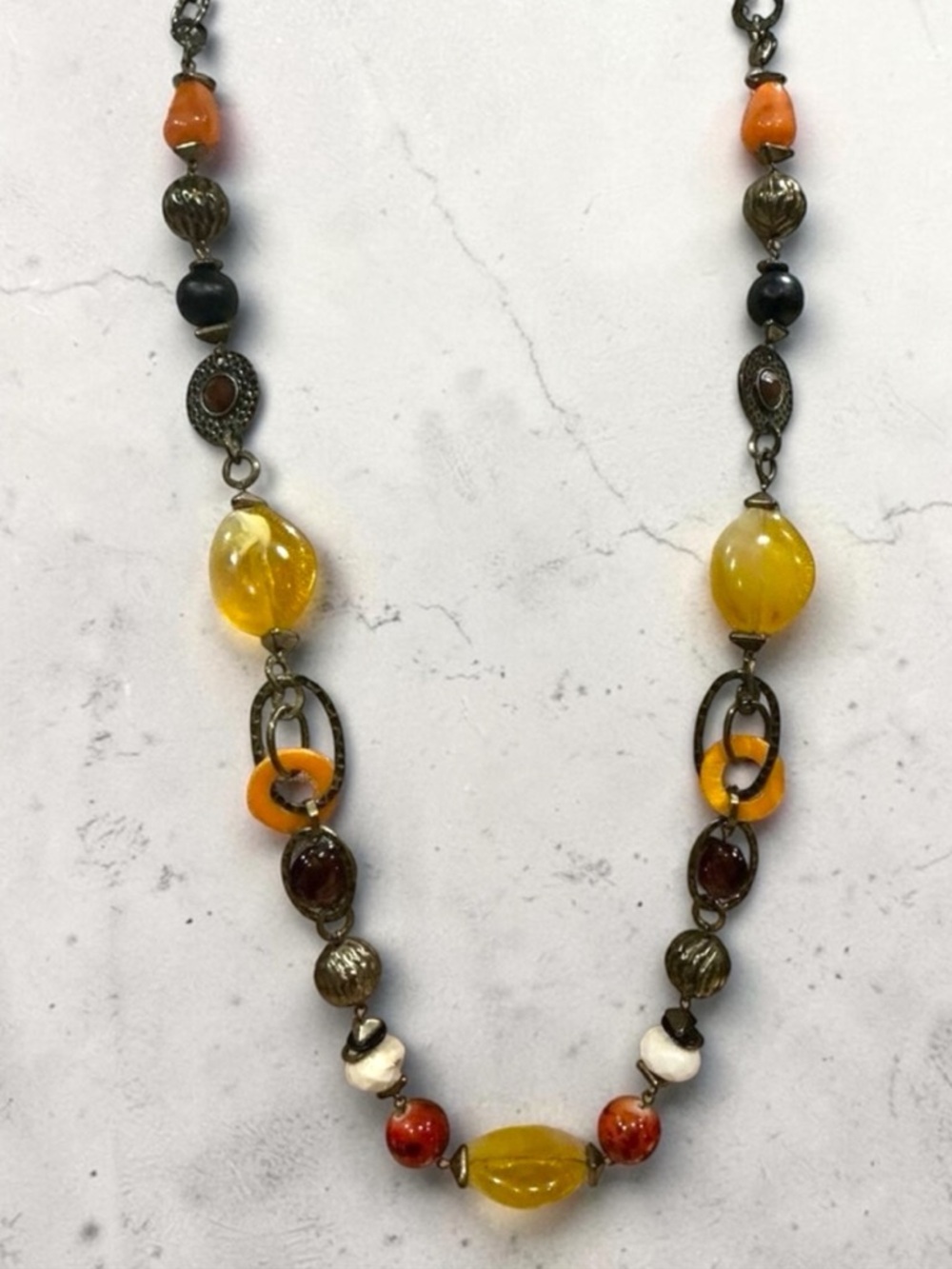 Ruby Rd Beaded Statement Necklace Amber Red Gold Chunky Boho 17.5”